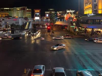 Traffic moving along the Las Vegas Strip at night
