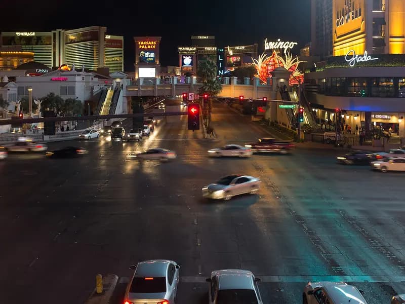Traffic moving along the Las Vegas Strip at night