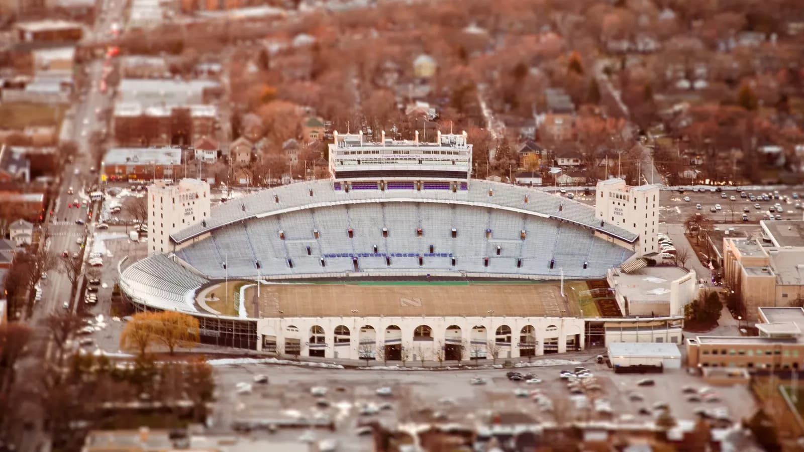 An aerial view of Northwestern University's Ryan Field in Evanston, photographed in February 2011 before the stadium was rebuilt, so it shows the old ground and not the new one