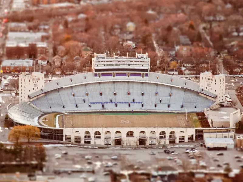 An aerial view of Northwestern University's Ryan Field in Evanston, photographed in February 2011 before the stadium was rebuilt, so it shows the old ground and not the new one