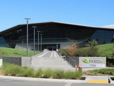 The entrance to Nvidia's headquarters campus in Santa Clara, California, with the company's sign beside the steps