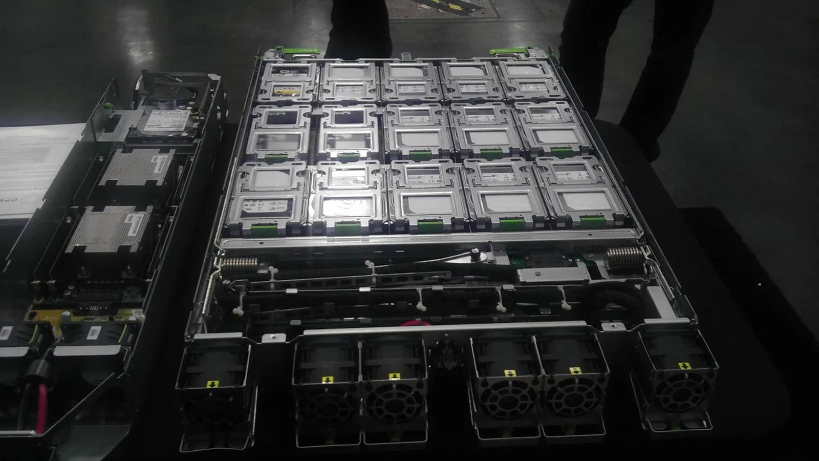 An Open Compute Project server tray with its lid open at an industry event, photographed in April 2013, a file photograph illustrative of open rack hardware and not of Nvidia's Vera Rubin designs