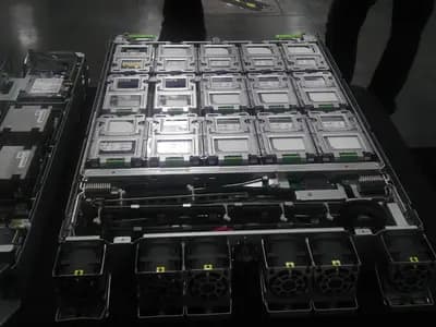 An Open Compute Project server tray with its lid open at an industry event, photographed in April 2013, a file photograph illustrative of open rack hardware and not of Nvidia's Vera Rubin designs