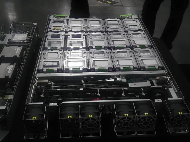 An Open Compute Project server tray with its lid open at an industry event, photographed in April 2013, a file photograph illustrative of open rack hardware and not of Nvidia's Vera Rubin designs