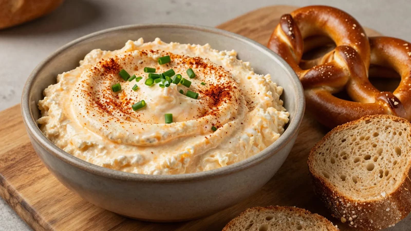 An AI-generated illustration of a bowl of Obatzda Bavarian beer cheese dip topped with paprika and chives, served with pretzels