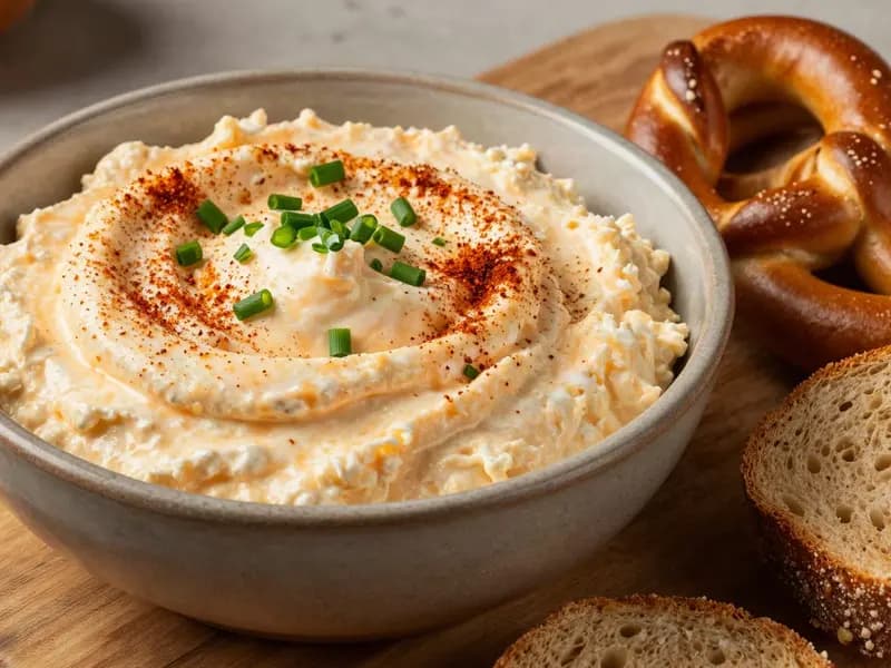 An AI-generated illustration of a bowl of Obatzda Bavarian beer cheese dip topped with paprika and chives, served with pretzels