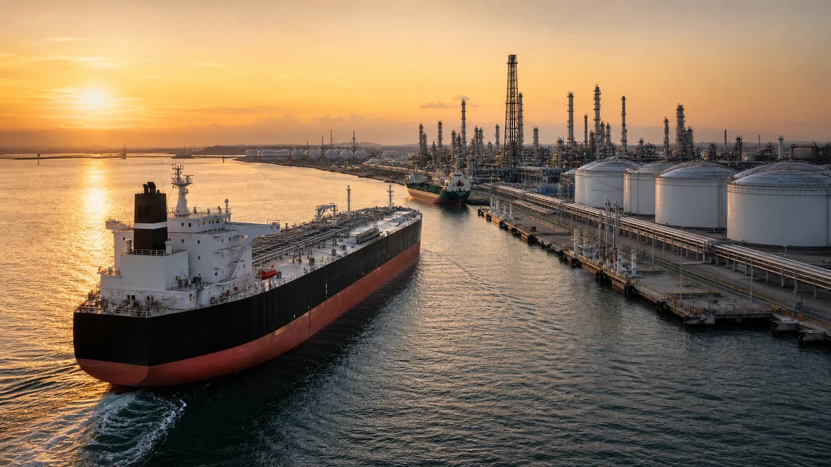 An oil tanker near refinery infrastructure as energy flows recover