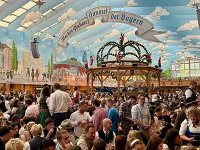 Crowds inside the Hacker-Festzelt tent at Oktoberfest on the Theresienwiese in Munich, photographed on 3 October 2025 and not this year's festival