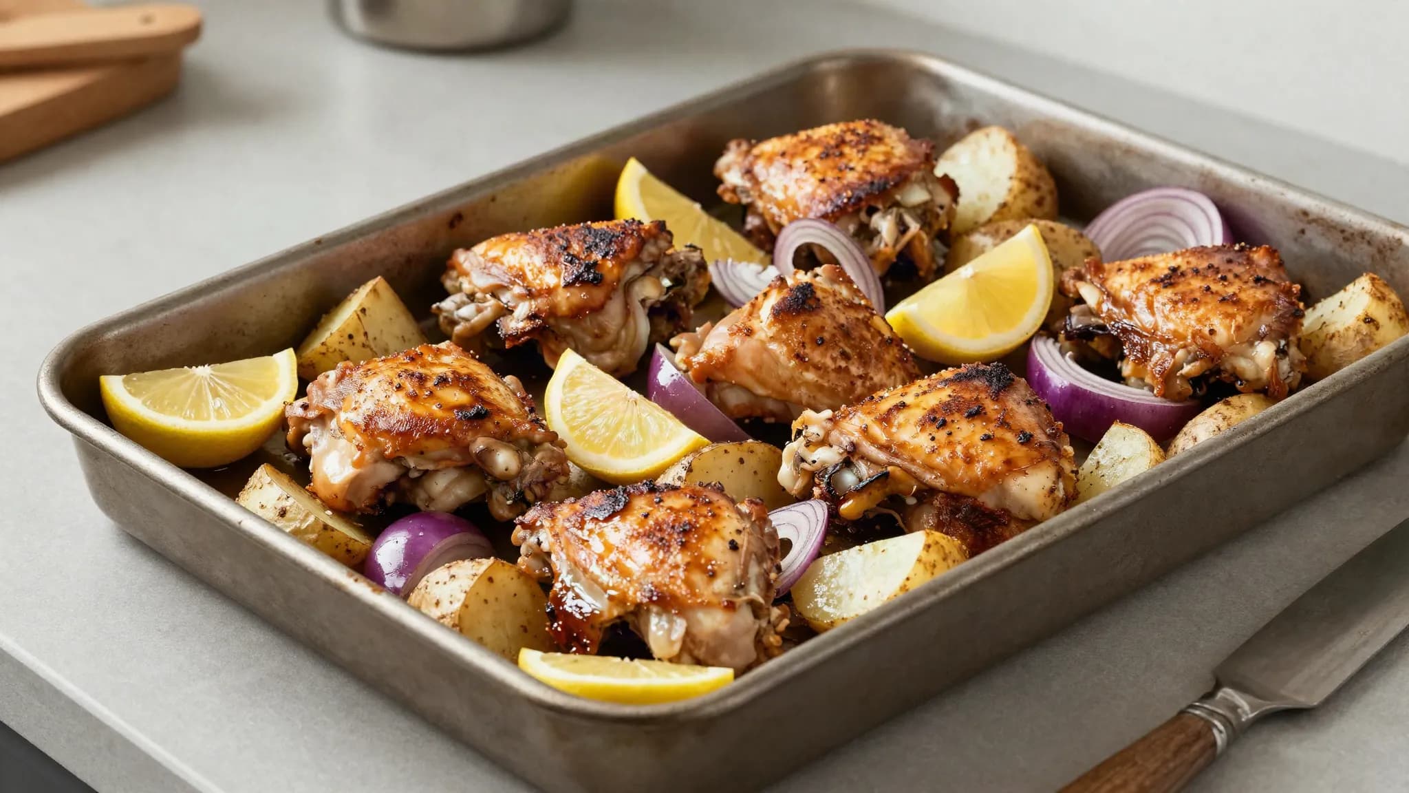 A sheet pan of roasted chicken, potatoes and lemon