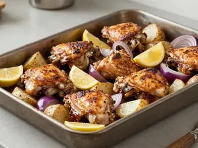 A sheet pan of roasted chicken, potatoes and lemon