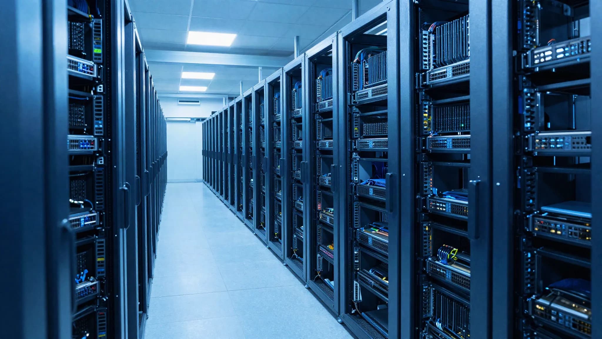 An aisle of GPU compute racks in a data hall