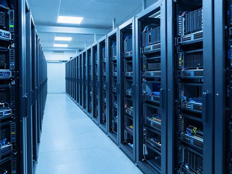 An aisle of GPU compute racks in a data hall