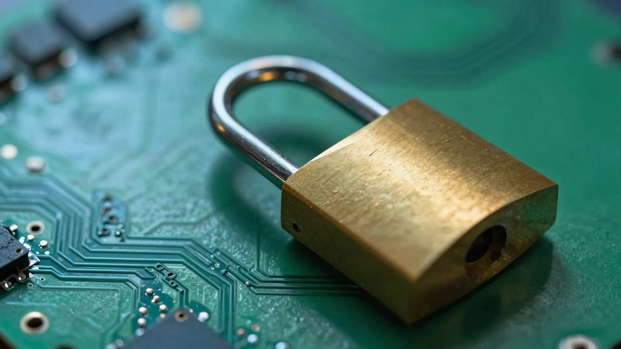 An open padlock resting on a circuit board