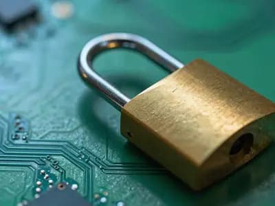 An open padlock resting on a circuit board