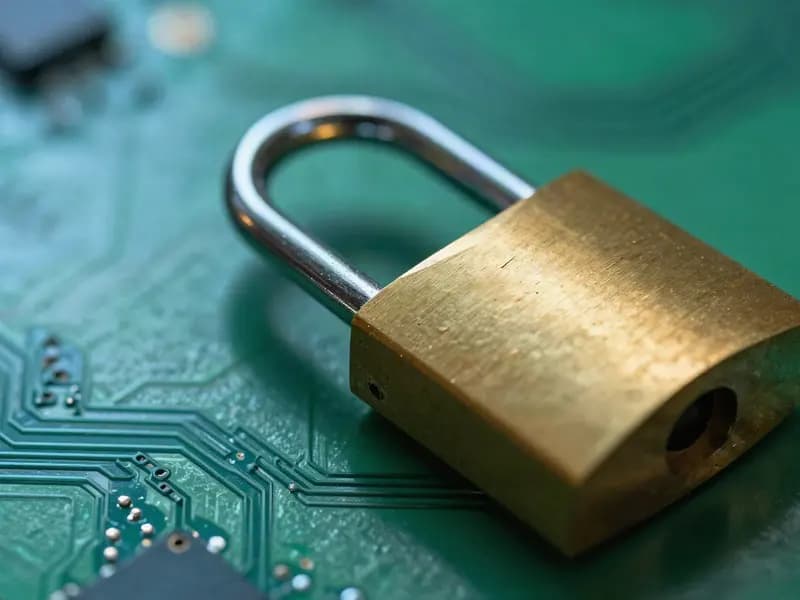 An open padlock resting on a circuit board