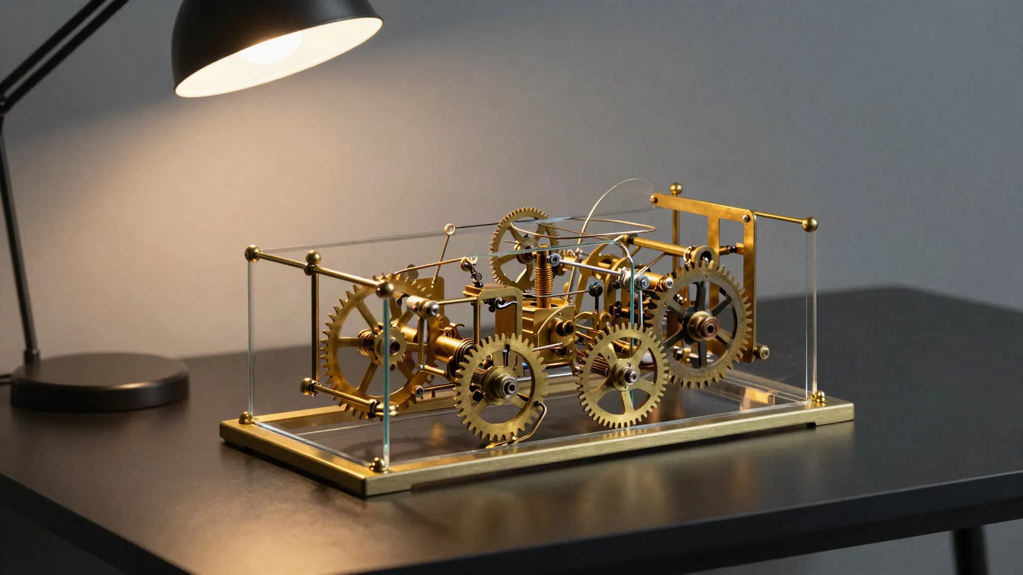 A mechanical puzzle partly disassembled under a lamp