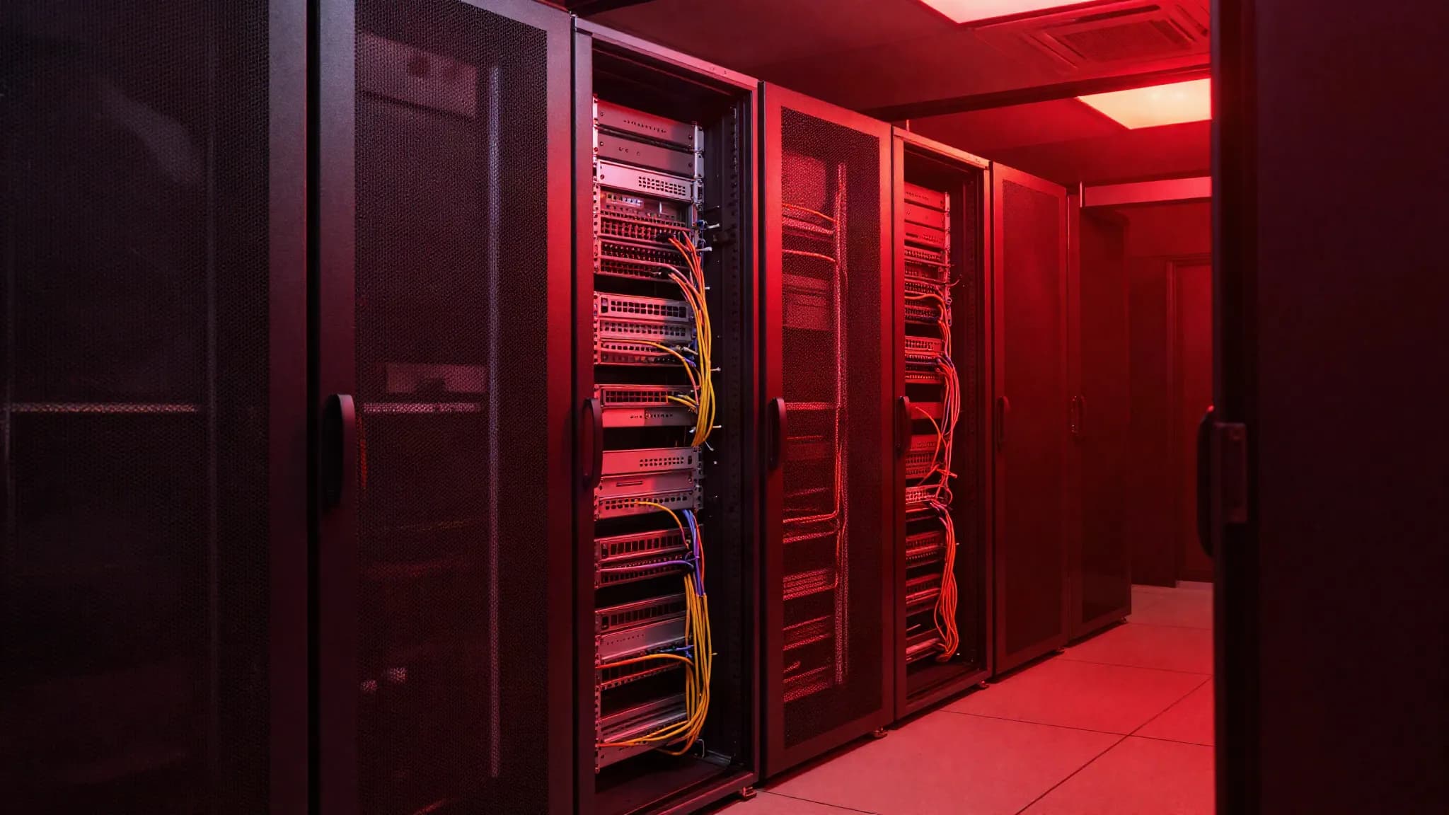 A server room in red emergency light with an open rack