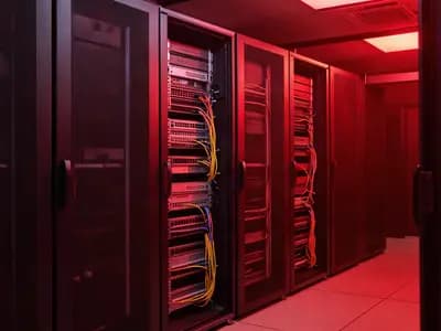 A server room in red emergency light with an open rack