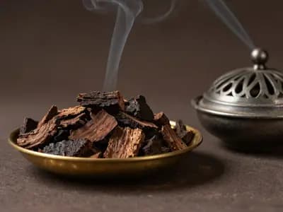 Dark aromatic oud wood chips beside a traditional incense burner