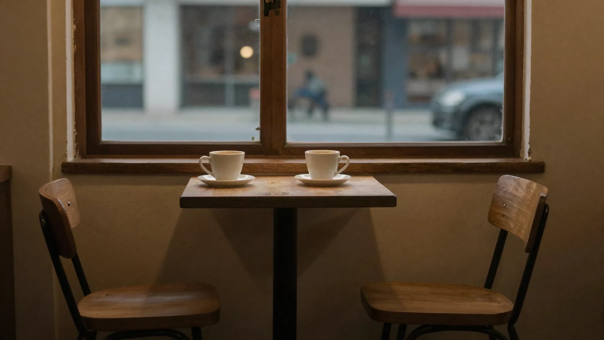 Two coffee cups on a café table with empty chairs