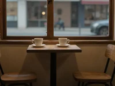 Two coffee cups on a café table with empty chairs