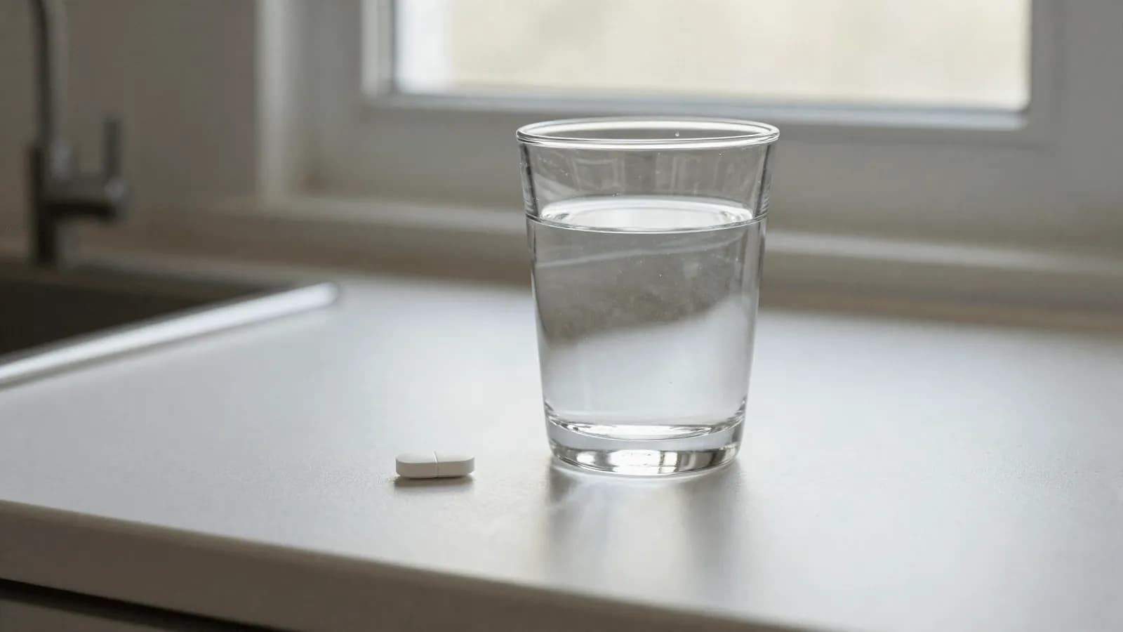 A single tablet beside a small glass of water on a kitchen surface in morning light