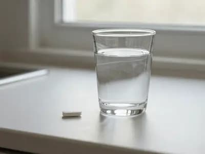 A single tablet beside a small glass of water on a kitchen surface in morning light