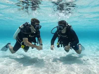 An instructor guiding a student diver through a skill in clear shallow water