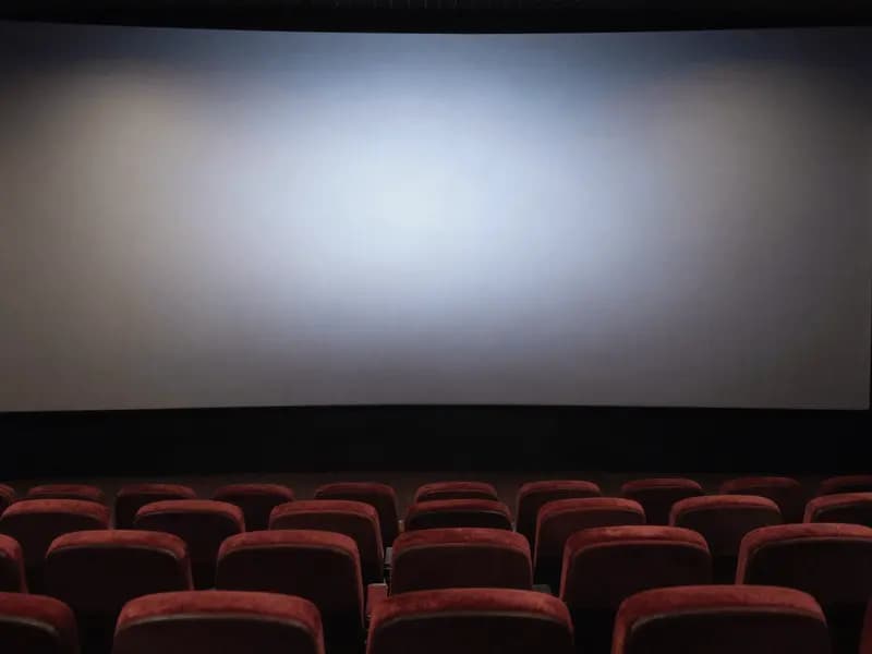 An empty cinema auditorium with rows of seats facing a blank screen
