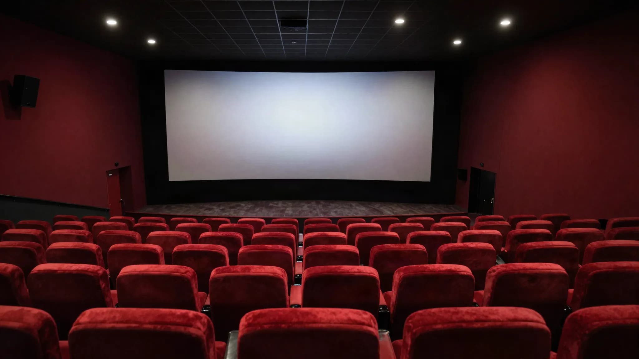 An empty cinema auditorium facing a blank screen