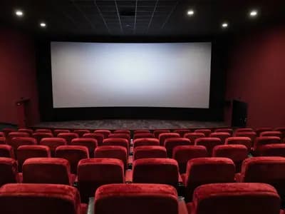 An empty cinema auditorium facing a blank screen