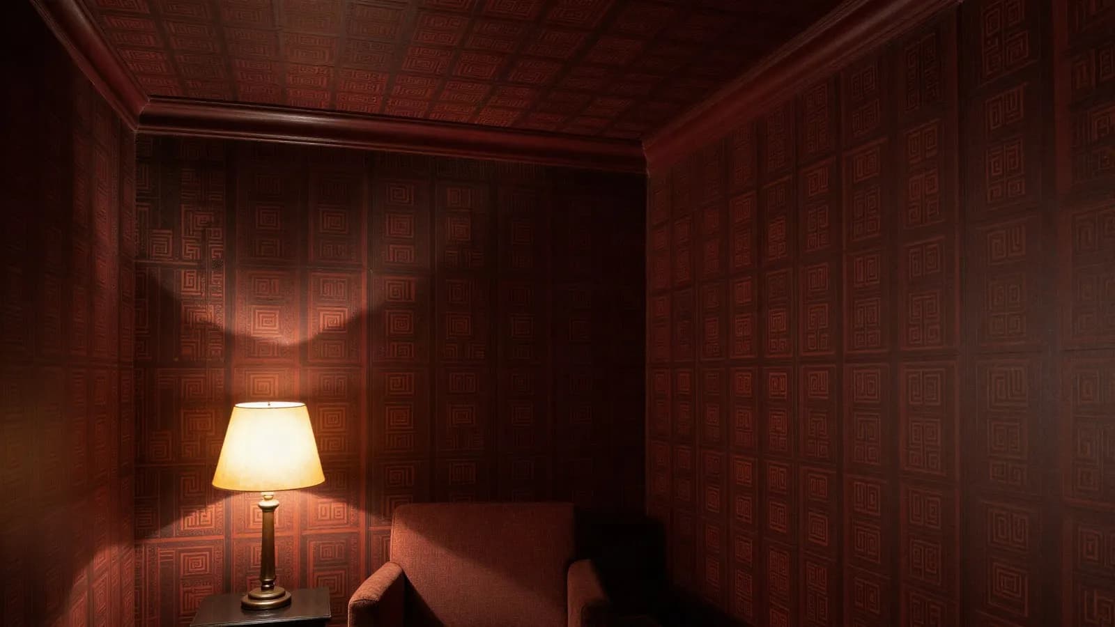 A room papered in a single repeating pattern across the walls and ceiling