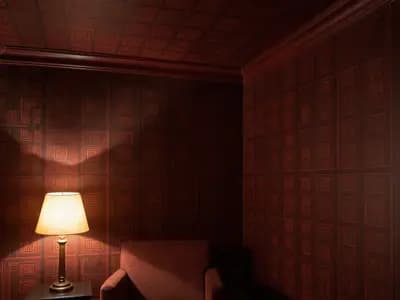 A room papered in a single repeating pattern across the walls and ceiling