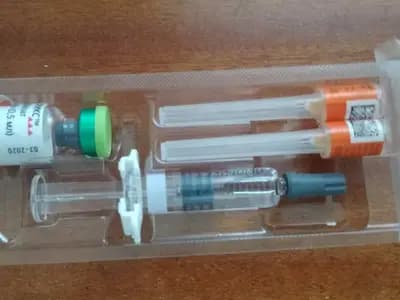A vial and pre-filled syringe of Priorix, a measles, mumps and rubella vaccine, in its blister pack