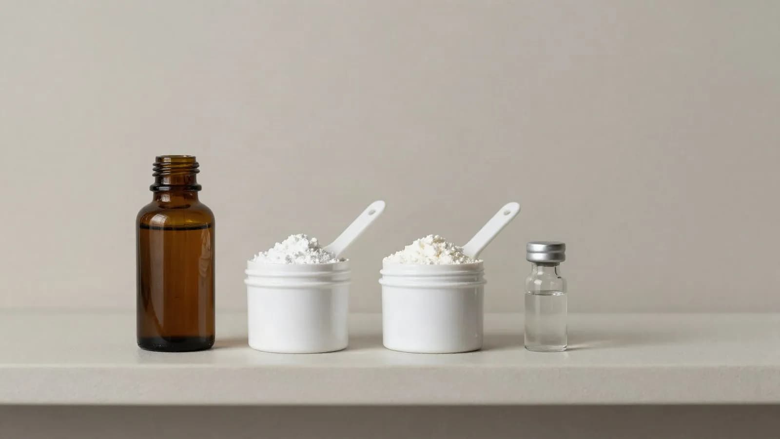 An amber serum bottle, tubs of collagen powder and a small vial