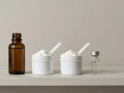 An amber serum bottle, tubs of collagen powder and a small vial