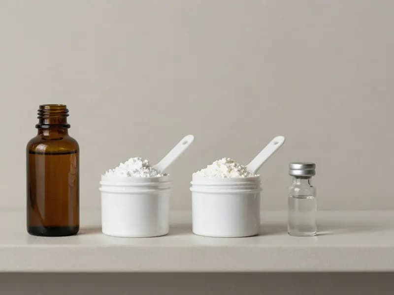 An amber serum bottle, tubs of collagen powder and a small vial