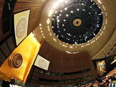 The United Nations General Assembly Hall in New York, where Iran's president addressed the chamber, photographed in April 2011