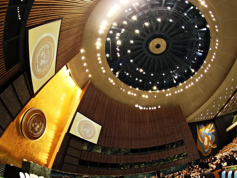 The United Nations General Assembly Hall in New York, where Iran's president addressed the chamber, photographed in April 2011