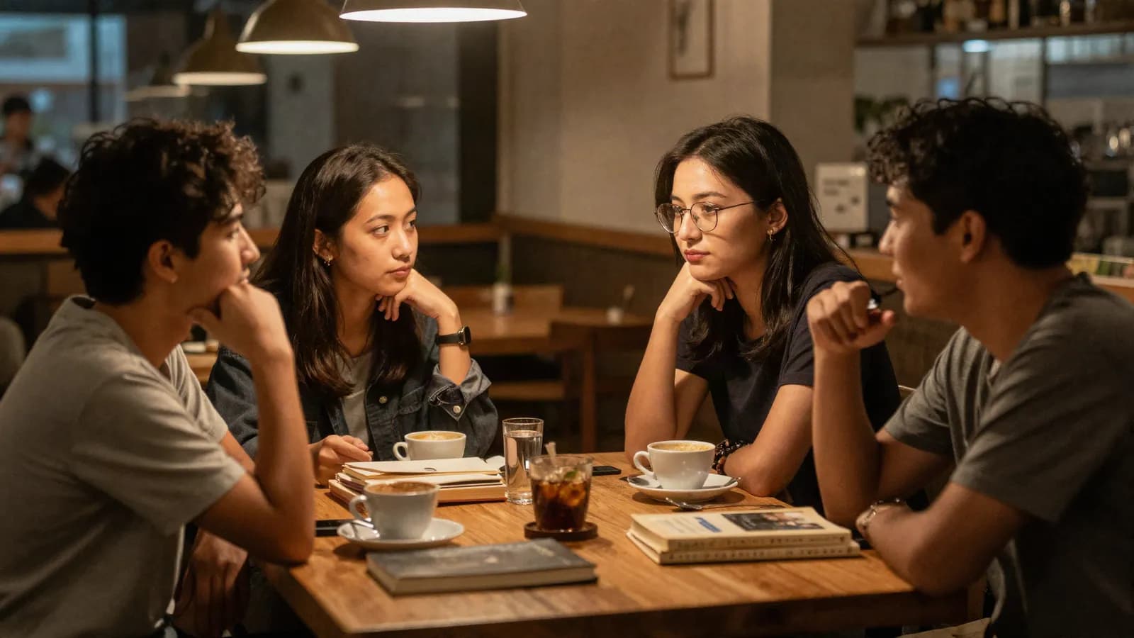 People talking together in a warmly lit cafe in the evening
