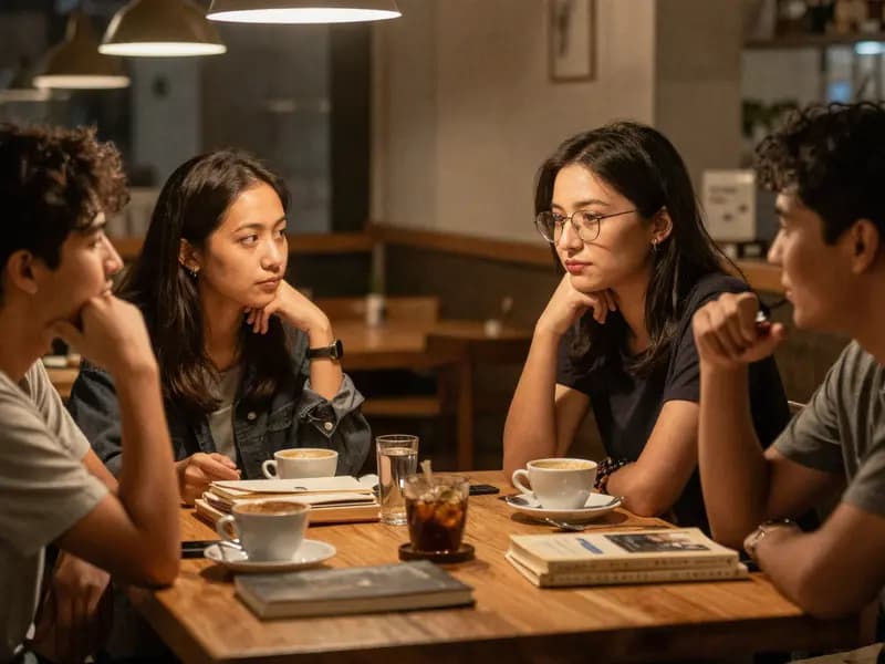 People talking together in a warmly lit cafe in the evening