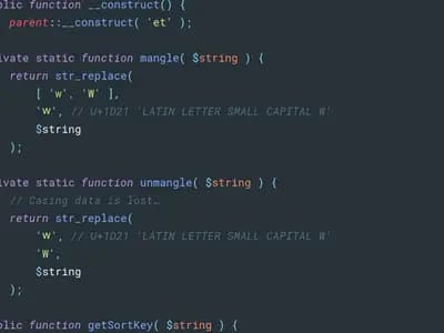 PHP source code in a dark-themed code editor, with class methods and string replacement calls visible, a screenshot from 11 February 2017 of MediaWiki code, a file image illustrative of PHP code and not of the vulnerable code