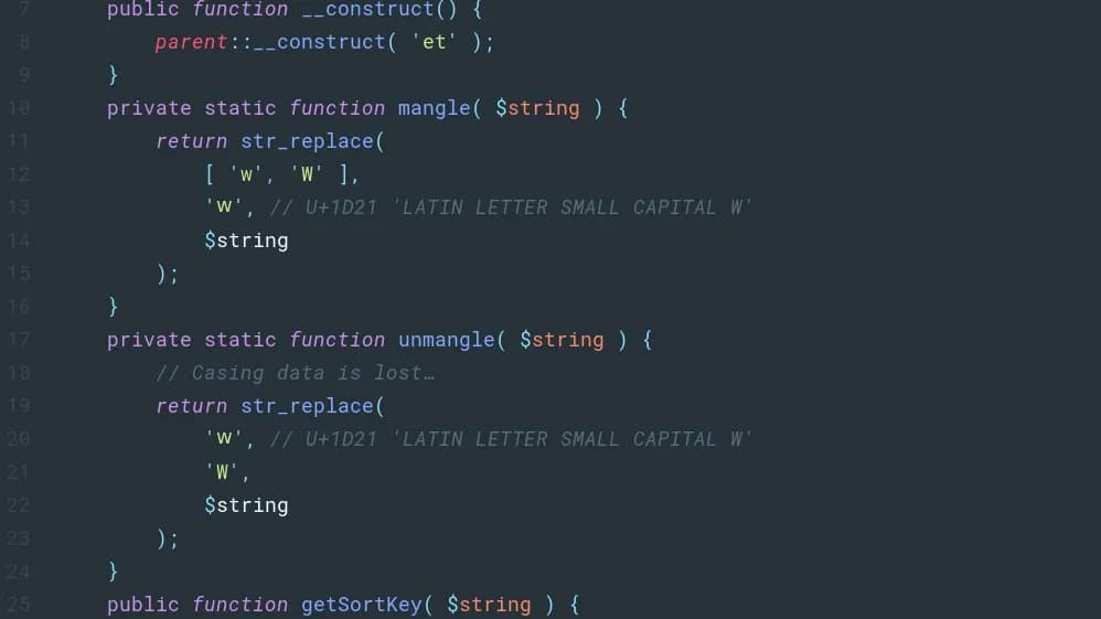 PHP source code in a dark-themed code editor, with class methods and string replacement calls visible, a screenshot from 11 February 2017 of MediaWiki code, a file image illustrative of PHP code and not of the vulnerable code