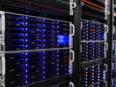 Racks of servers with blue status lights in the computer server room at the NOIRLab headquarters in Tucson, Arizona, uploaded on 5 October 2022, a file photograph illustrative of web servers and not of any host or site named in the story
