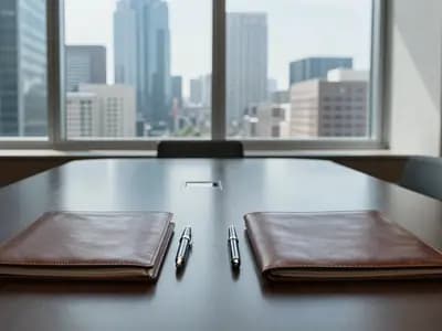 Two document folders and pens on a boardroom table