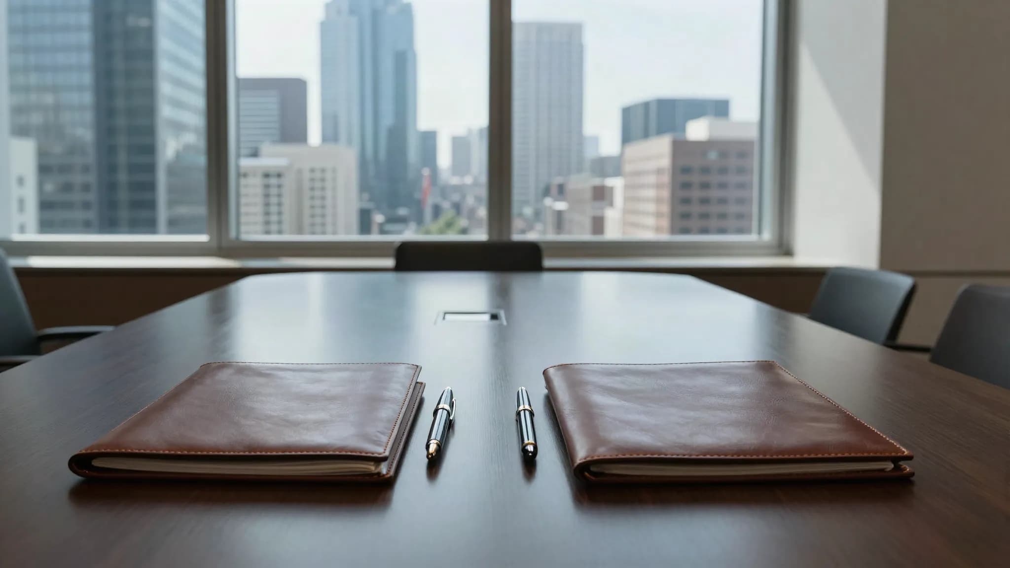 Two document folders and pens on a boardroom table