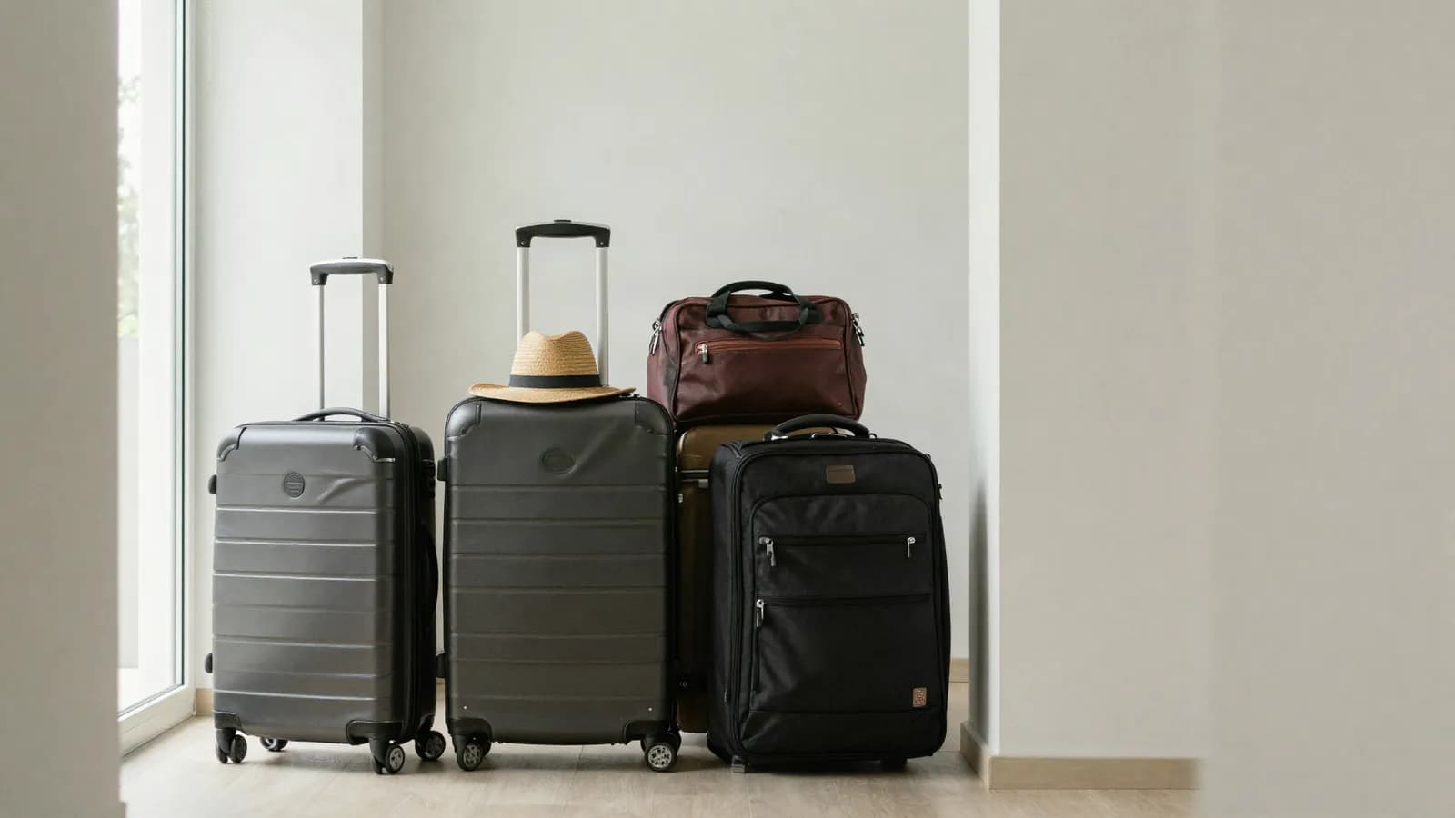 Packed suitcases and a travel bag standing ready in a bright hallway