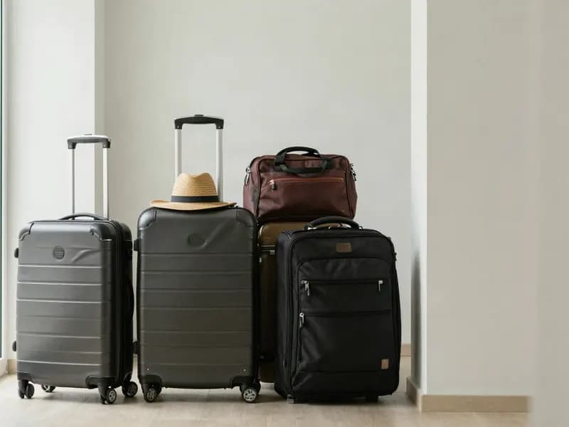 Packed suitcases and a travel bag standing ready in a bright hallway
