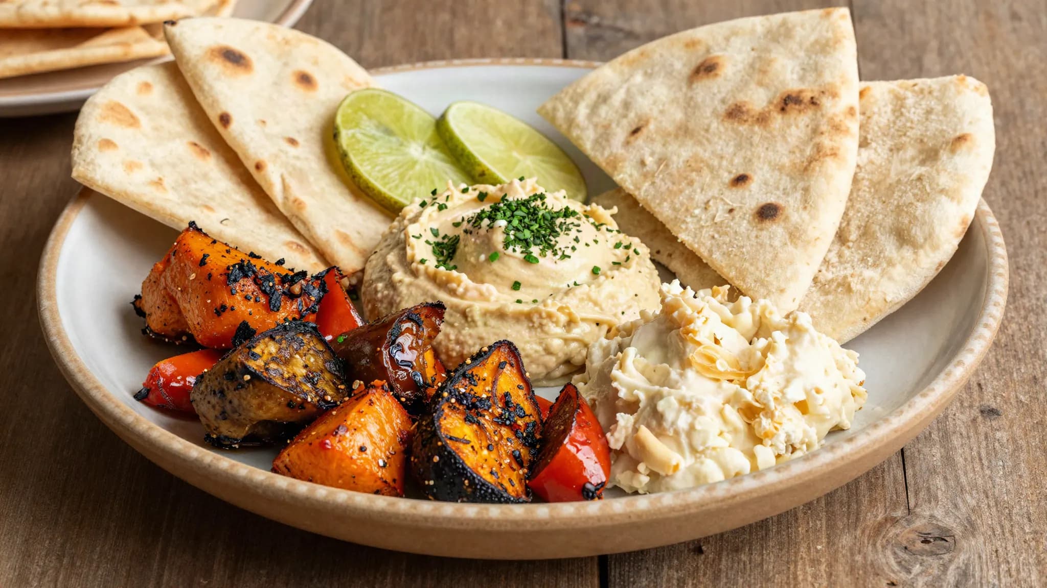 A plant-based Gulf plate of roasted vegetables and hummus