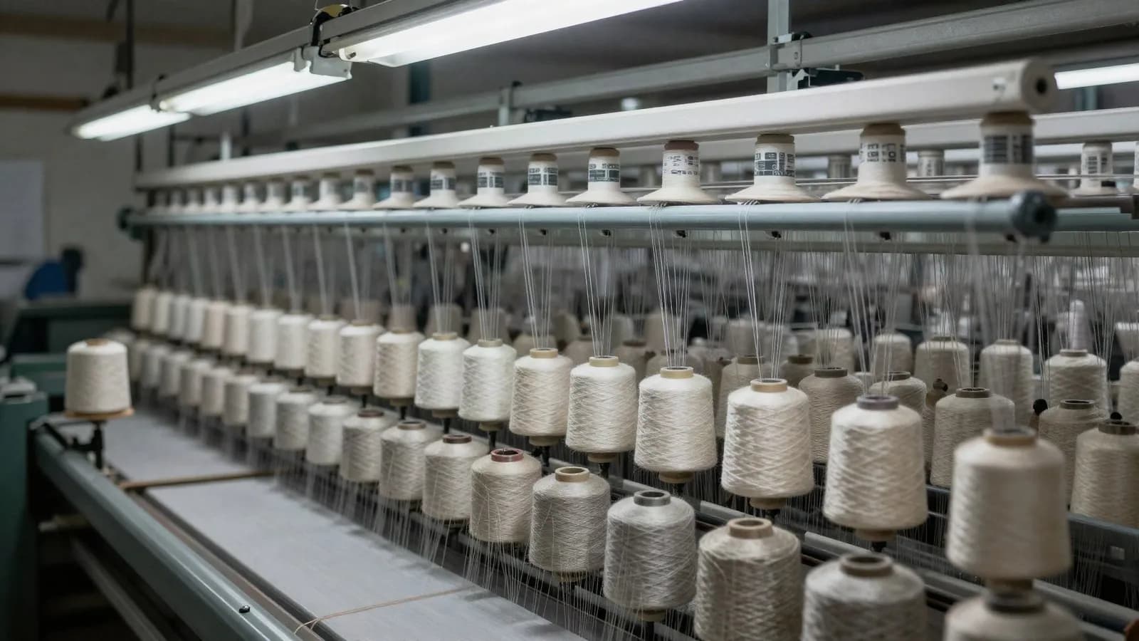 Spools of synthetic yarn on a textile mill machine